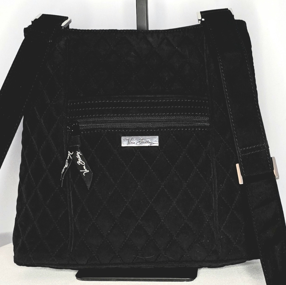Vera Bradley Black Quilted Crossbody Bag |Leopard Print Lining |Adjustable Strap - Picture 3 of 9